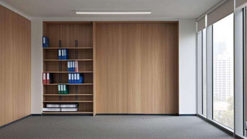 Indoor photo of office interior wall with a large window with book shelves
