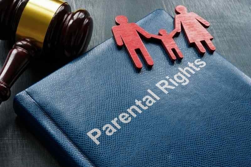 Family figures placed on a folder labeled "Parental Rights" next to a judge's gavel.
