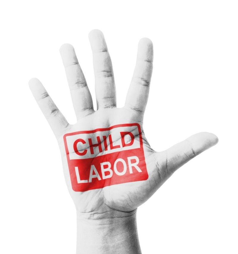Open hand raised, Child Labor sign painted