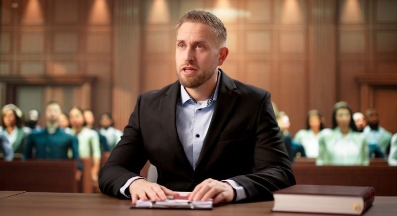 Man in formal attire giving testimony in a courtroom while seated before a judge.