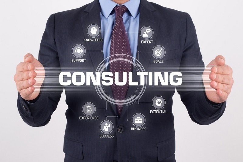 A businessman in a suit presents the word “CONSULTING” surrounded by concepts such as knowledge, support, expertise, goals, potential, business, success, and experience.