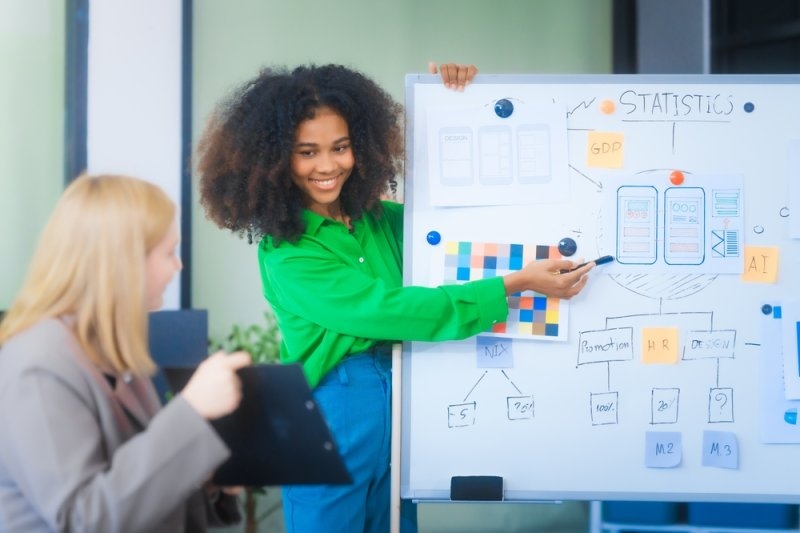 Woman presenting a marketing strategy on a whiteboard while a colleague takes notes.