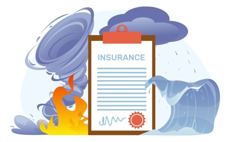 A graphic featuring an insurance document surrounded by illustrations of a tornado, fire, and flood.