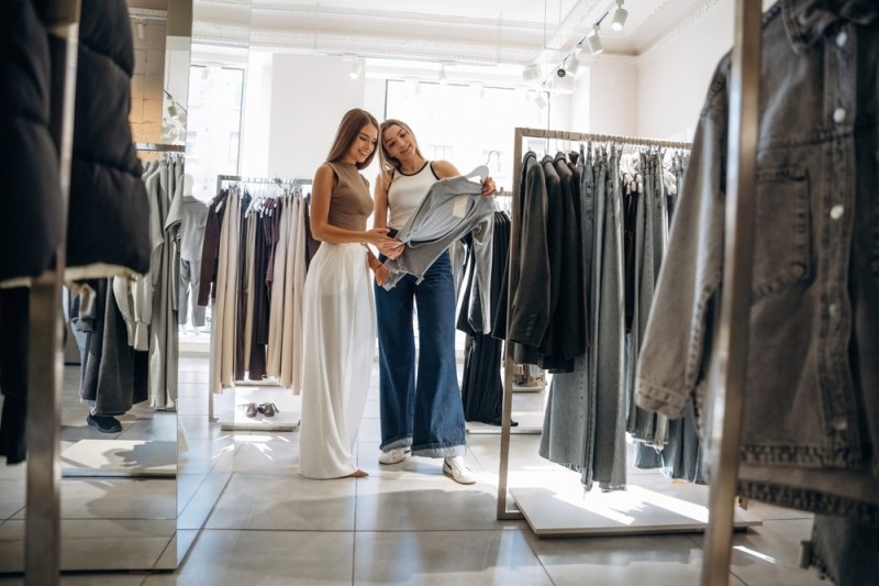 Customers checking clothing in a physical retail store