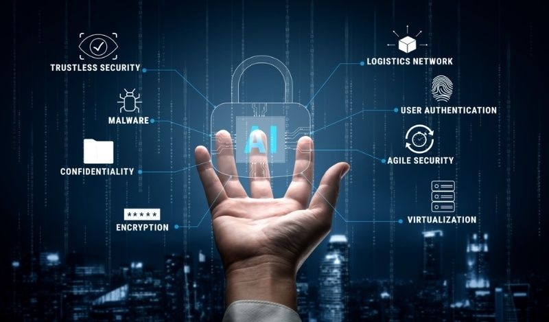Hand holding a digital AI security lock icon surrounded by cybersecurity concepts like encryption and authentication.