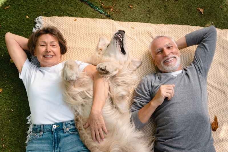 Happy senior couple lying on a blanket outdoors with their golden retriever dog.