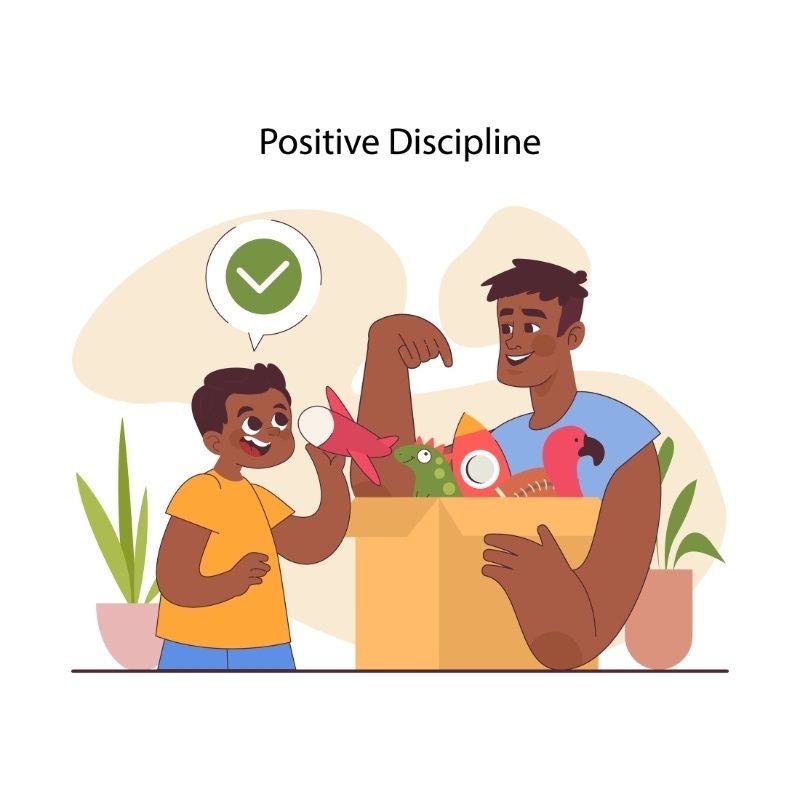 “Illustration of a parent guiding a child to clean up toys, labeled ‘Positive Discipline,’ with a checkmark indicating approval.