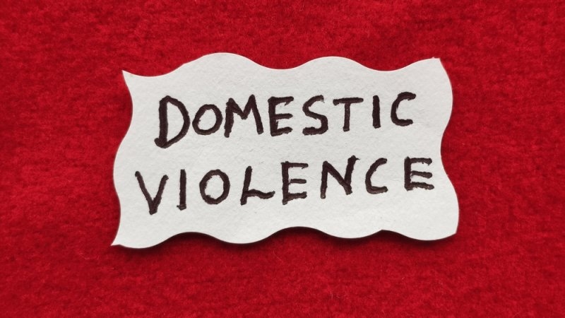 White paper displaying “DOMESTIC VIOLENCE” in handwritten lettering against a red background.