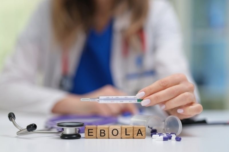 A healthcare professional holding a medical thermometer, with “EBOLA” spelled out using letter blocks on the desk.