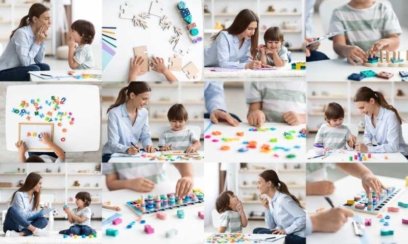 Collage of a teacher and child engaging in hands-on educational activities and learning games.
