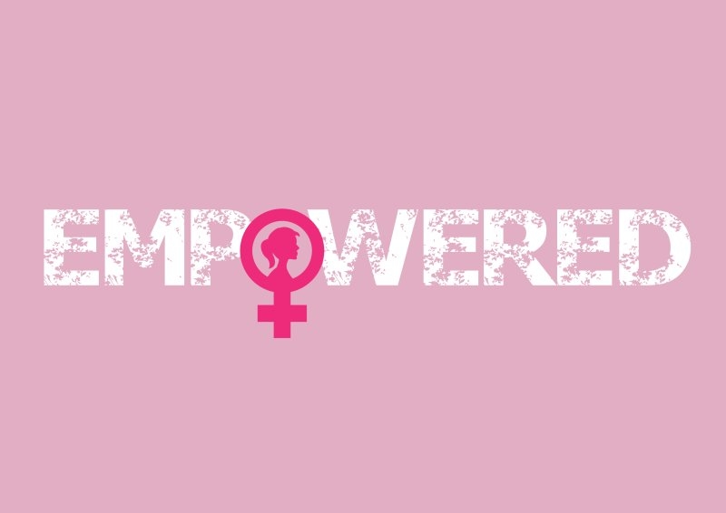Pink graphic featuring the word “EMPOWERED” with a female empowerment symbol.