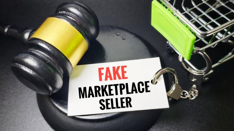 Fake marketplace seller fraud concept with gavel and shopping cart