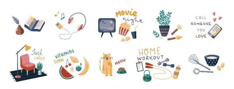Colorful illustrated icons showing relaxing and self-care activities like reading, listening to music, movie night, watering plants, calling loved ones, eating fruits, caring for a pet, and doing a home workout.