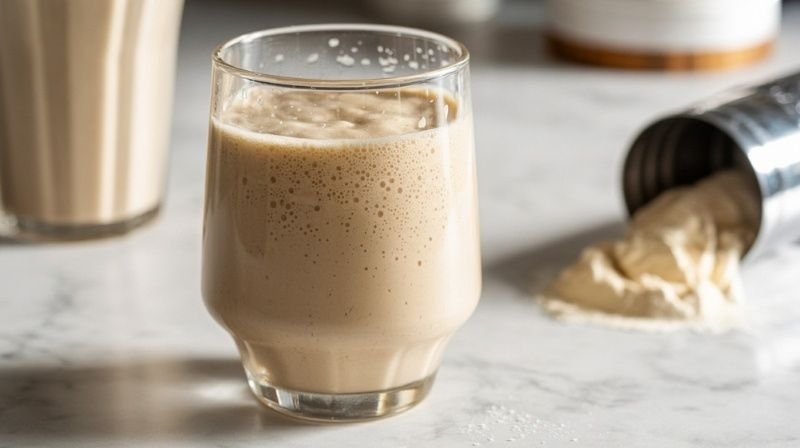 Creamy protein shake in a glass with protein powder and shaker bottle on a countertop.