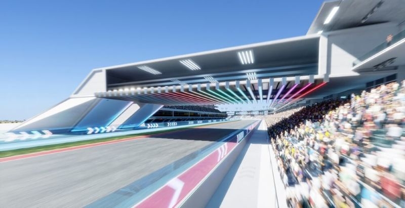 Moving racetrack with arrow neon light decoration. 3d rendering