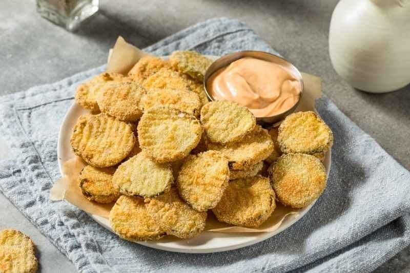 Homemade Deep Fried Pickles with Spicy Mayo.