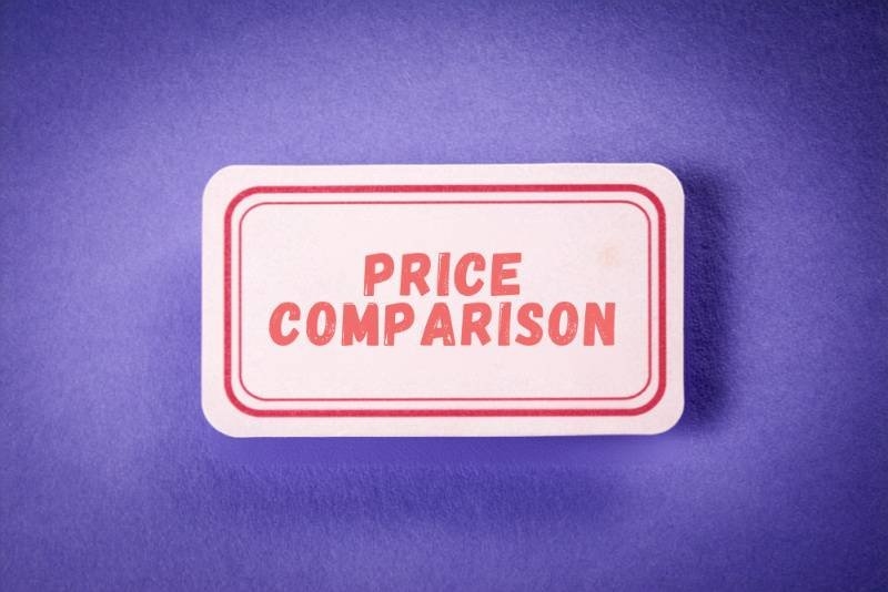 A graphic featuring the words “PRICE COMPARISON” on a white card against a purple background.