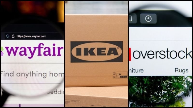 A collage comparing the websites and branding of Wayfair, IKEA, and Overstock, representing online furniture retailers.