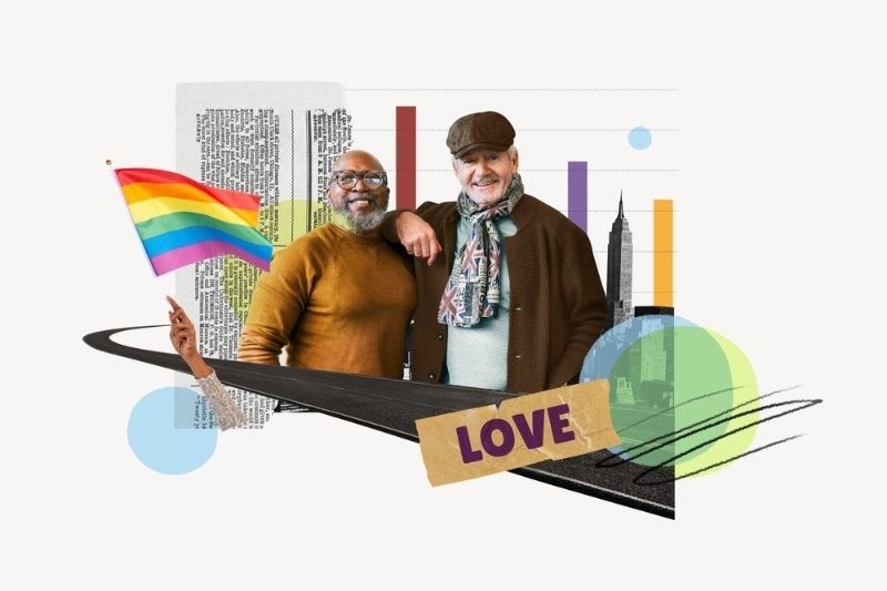 Two older men standing together with a rainbow flag and graphic elements, symbolizing LGBTQ+ pride and love.