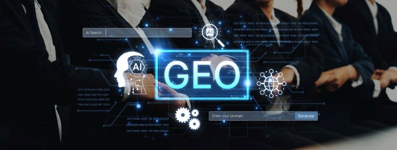 Geo word glowing with corporate people in the back