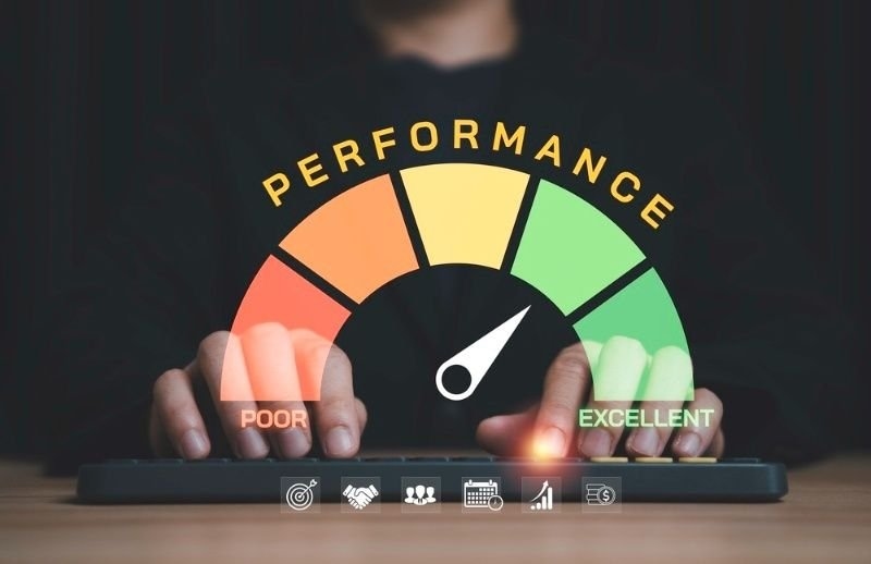 A digital performance gauge ranging from poor to excellent, shown above a keyboard.