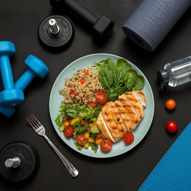 Gym healthy protein food dish with gym tools around 