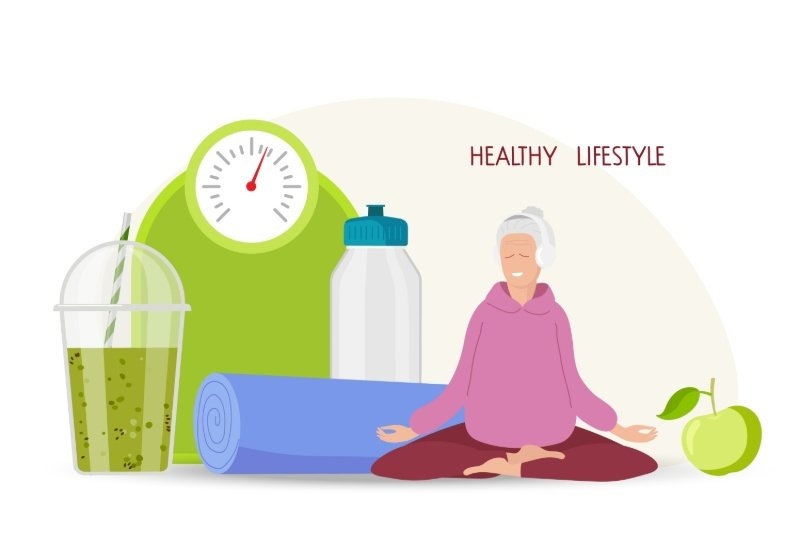 An illustration of a person meditating beside a yoga mat, water bottle, healthy green drink, weighing scale, and apple,