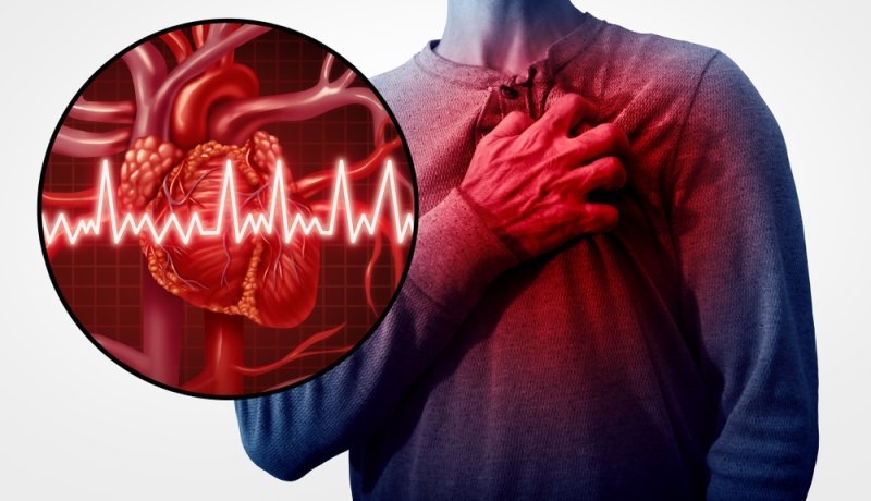 Medical illustration of a person clutching their chest alongside a detailed heart graphic and an electrocardiogram waveform.