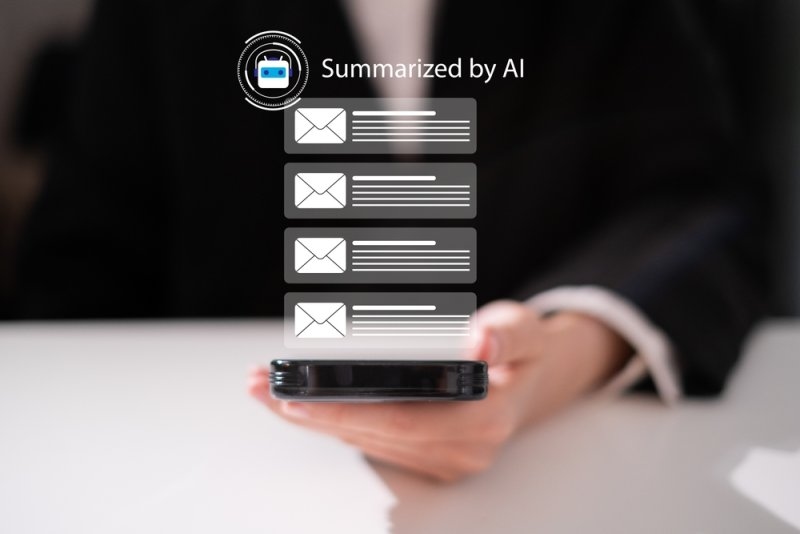 A smartphone displaying an AI-powered interface that summarizes multiple emails.