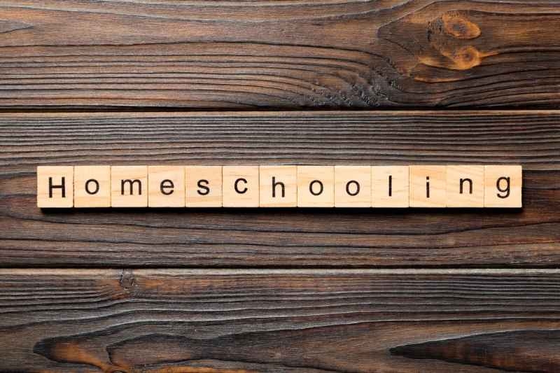 Wooden tiles spelling ‘Homeschooling’ arranged on a rustic wooden surface.