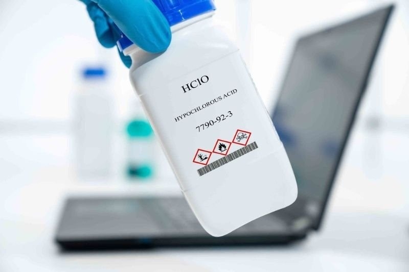 HClO hypochlorous acid CAS 7790-92-3 chemical substance in white plastic laboratory packaging.