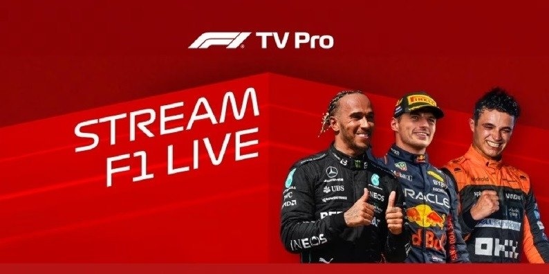 Promotional graphic for F1 TV Pro featuring three Formula 1 drivers and the text “Stream F1 Live.”