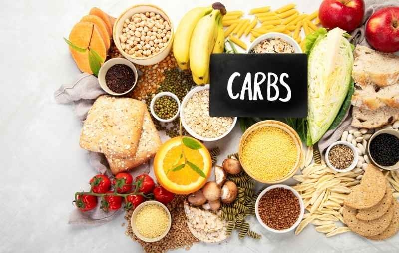 Assorted carbohydrate-rich foods including bread, bananas, grains, pasta, fruits, and vegetables surrounding a sign labeled ‘Carbs.’