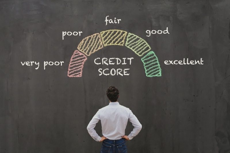 Person viewing a chalkboard-style credit score scale ranging from very poor to excellent.