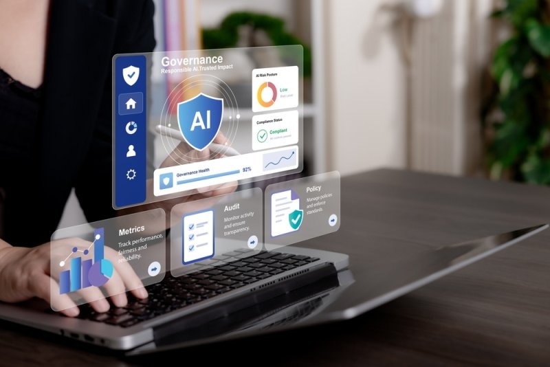 AI governance dashboard displaying compliance indicators and risk management information.