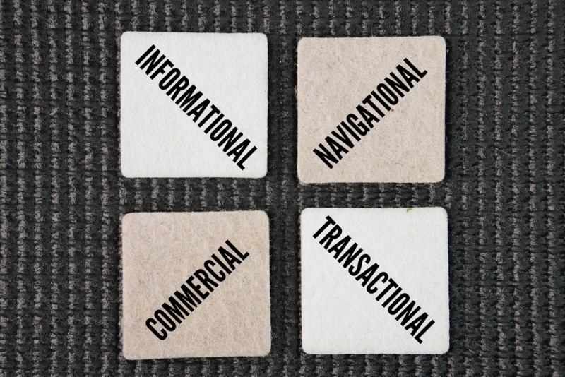 Four labeled tiles representing keyword search intent categories: informational, navigational, commercial, and transactional.