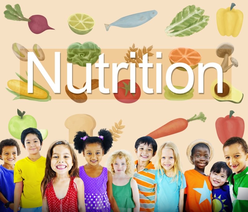 Group of diverse children standing beneath the word “Nutrition,” surrounded by illustrations of fruits and vegetables.