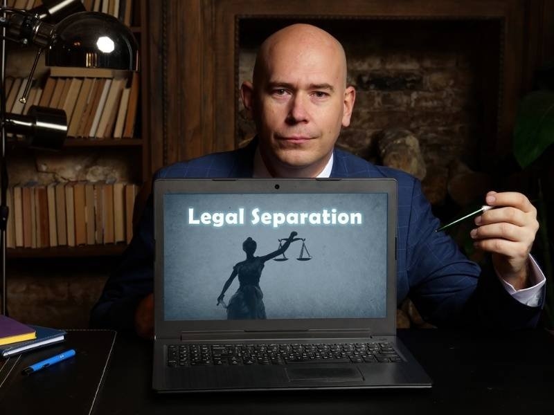 A man in a suit sits behind a laptop displaying the words “Legal Separation,” with a legal scales graphic on the screen.