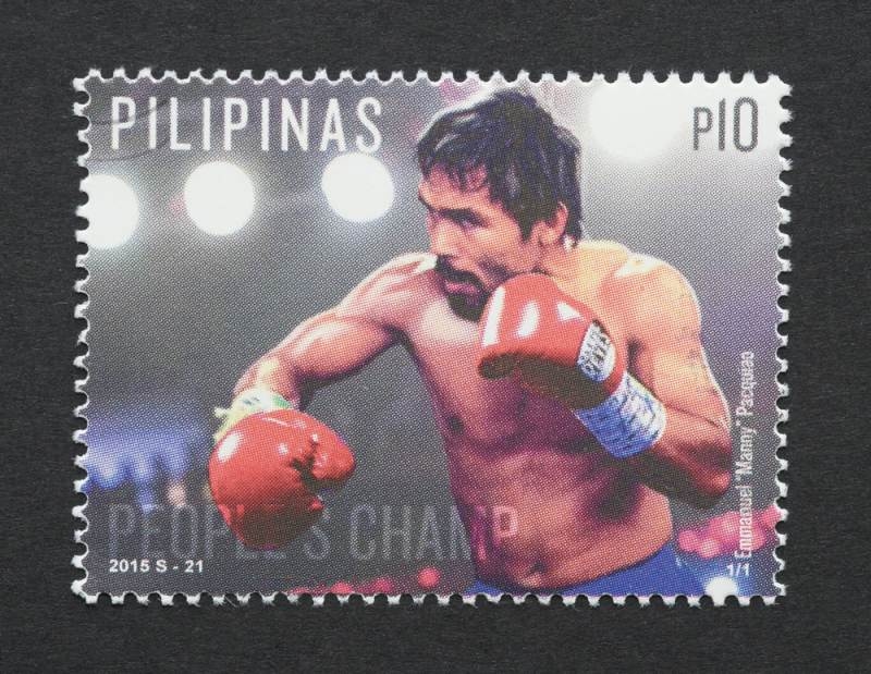 Commemorative Philippine postage stamp featuring a boxer wearing red gloves in a fighting stance, with “PILIPINAS” printed across the top.