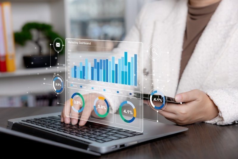 Digital marketing analytics dashboard displaying performance charts for measuring campaign results and revenue ROI.