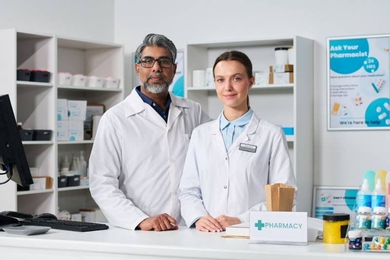 Portrait of middle aged Indian man and young woman standing at pharmacy counter.
