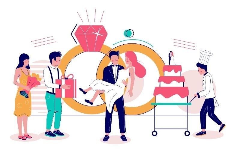 Huge wedding rings and micro characters bride and groom, guests with gifts, chef with big cake, vector flat illustration.