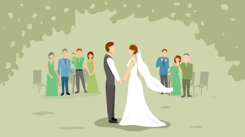 Small wedding in the garden in orange theme with bride and groom holding hands. Vector illustration.