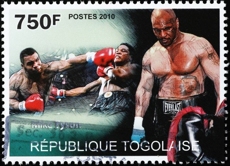 Postage stamp featuring boxing images of Mike Tyson with the text “RÉPUBLIQUE TOGOLAISE.”