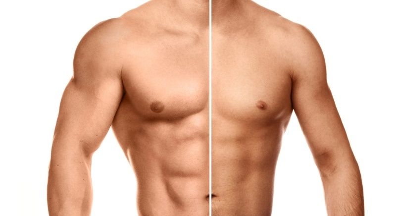 Side-by-side comparison of a male torso showing muscle definition and body transformation.