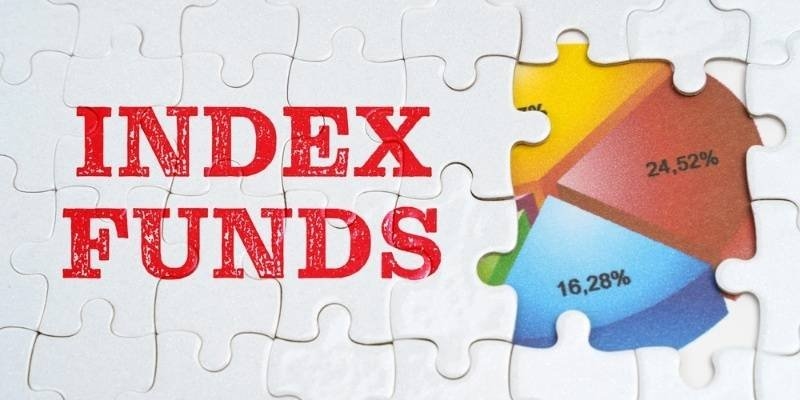 A puzzle-themed graphic labeled “INDEX FUNDS,” alongside a colorful financial chart showing percentages.