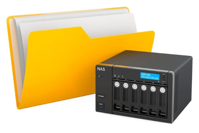 Computer folder icon with network-attached storage 3D rendering isolated on white background