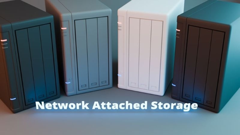 Network Attached Storage drive called "NAS" concepts image. 3d rendering