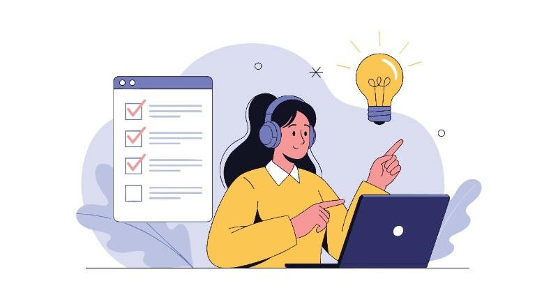 Person using a laptop with a checklist and lightbulb icon, representing productivity or idea generation.