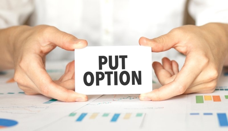 A woman holding a card with text "put option."